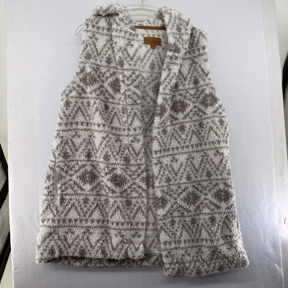 Koolaburra by UGG Womens Grey Geometric Sherpa Hooded Open Front Vest L Comfy
